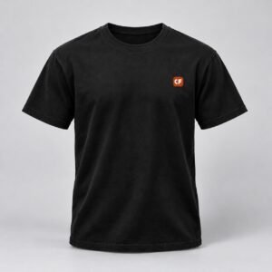 Black training tee with orange and white ChampFoundry CF badge — illustrative demo artwork